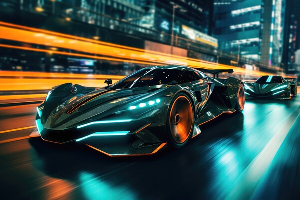 Fast futuristic cars in a race in a city centre at night. Picture Board by Michael Piepgras