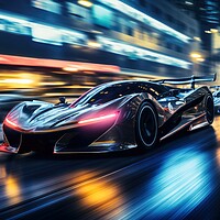 Buy canvas prints of Fast futuristic cars in a race in a city centre at night. by Michael Piepgras