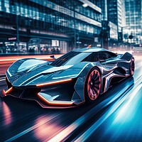 Buy canvas prints of Fast futuristic cars in a race in a city centre at night. by Michael Piepgras