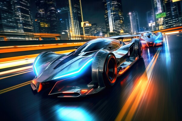 Fast futuristic cars in a race in a city centre at night. Picture Board by Michael Piepgras