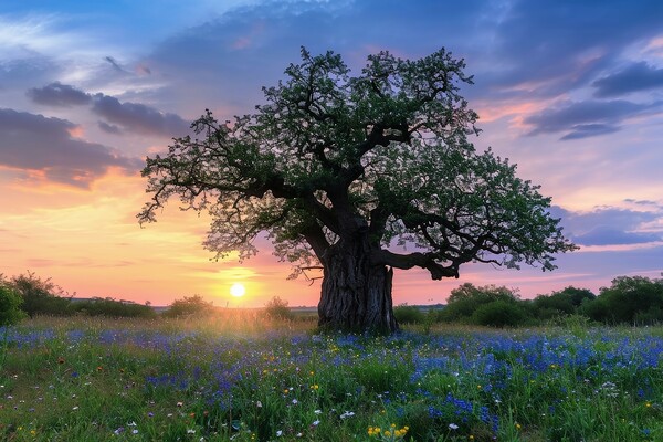 A very old gnarled tree stands alone in a field of flowers at su Picture Board by Michael Piepgras