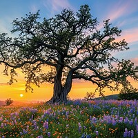 Buy canvas prints of A very old gnarled tree stands alone in a field of flowers at su by Michael Piepgras