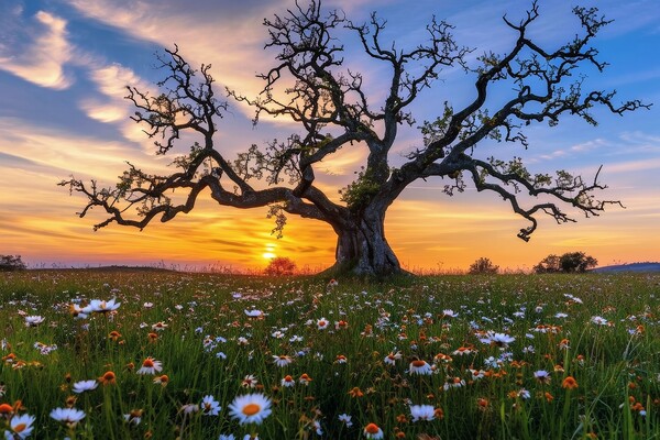 A very old gnarled tree stands alone in a field of flowers at su Picture Board by Michael Piepgras