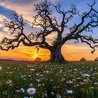 Buy canvas prints of A very old gnarled tree stands alone in a field of flowers at su by Michael Piepgras