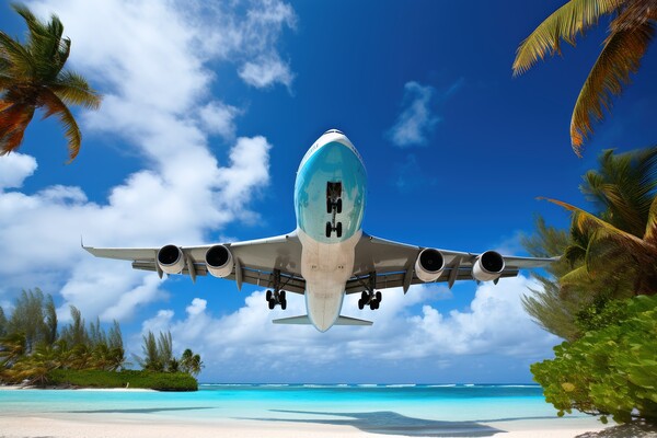 A big aircraft jet in the sky of a tropical island. Picture Board by Michael Piepgras