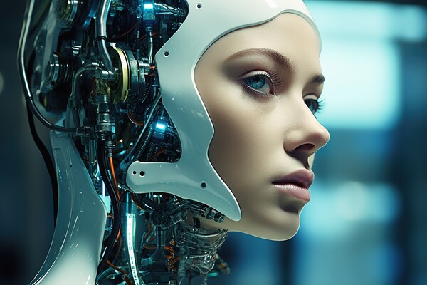 A female robot face of an artificial intelligence. Picture Board by Michael Piepgras