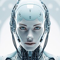 Buy canvas prints of A female robot face of an artificial intelligence. by Michael Piepgras