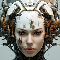 Buy canvas prints of A female robot face of an artificial intelligence. by Michael Piepgras