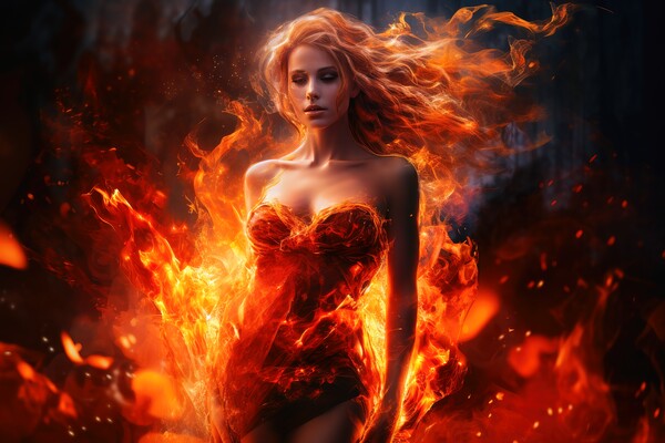 A goddess woman wearing a tight dress made of fire. Picture Board by Michael Piepgras