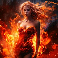 Buy canvas prints of A goddess woman wearing a tight dress made of fire. by Michael Piepgras