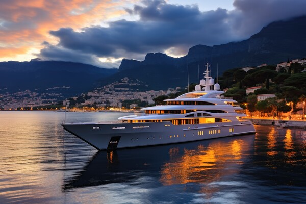 A luxury yacht in the harbor at dusk. Picture Board by Michael Piepgras