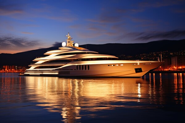 A luxury yacht in the harbor at dusk. Picture Board by Michael Piepgras