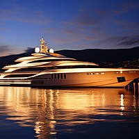 Buy canvas prints of A luxury yacht in the harbor at dusk. by Michael Piepgras