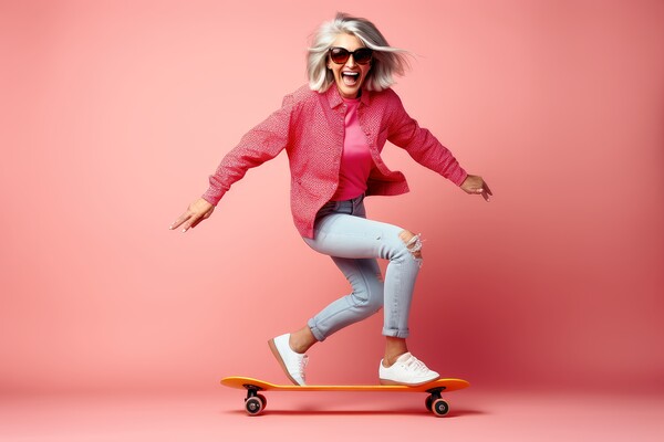 A retired woman having fun on a skateboard. Picture Board by Michael Piepgras