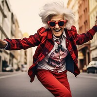 Buy canvas prints of A retired woman having fun on a skateboard. by Michael Piepgras