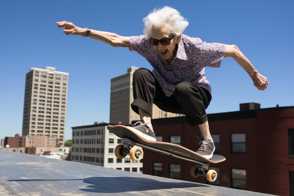 A retired woman having fun on a skateboard. Picture Board by Michael Piepgras