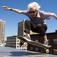 Buy canvas prints of A retired woman having fun on a skateboard. by Michael Piepgras