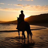 Buy canvas prints of A woman riding on a horse at a beautiful beach. by Michael Piepgras