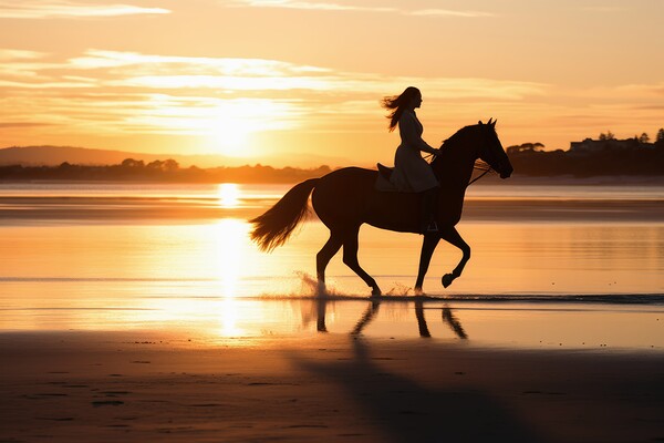 A woman riding on a horse at a beautiful beach. Picture Board by Michael Piepgras