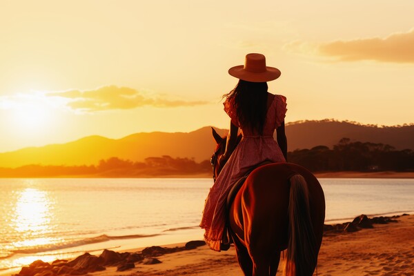 A woman riding on a horse at a beautiful beach. Picture Board by Michael Piepgras