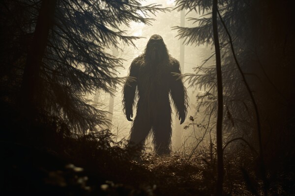 Rare shot of the mysterious bigfoot in a forest. Picture Board by Michael Piepgras