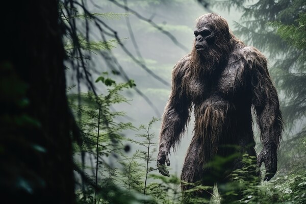 Rare shot of the mysterious bigfoot in a forest. Picture Board by Michael Piepgras