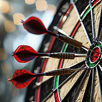 Buy canvas prints of Three darts hitting perfect on the target bullseye. by Michael Piepgras