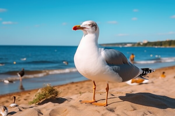 A seagull close up in the blue sky at the beach. Picture Board by Michael Piepgras