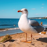 Buy canvas prints of A seagull close up in the blue sky at the beach. by Michael Piepgras