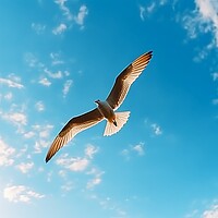 Buy canvas prints of A seagull close up in the blue sky at the beach. by Michael Piepgras