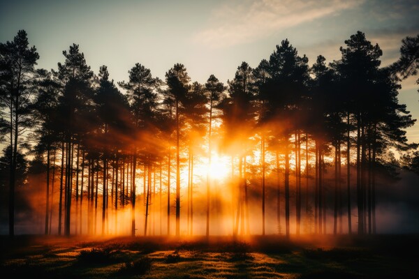 A sunrise in a misty forest area. Picture Board by Michael Piepgras