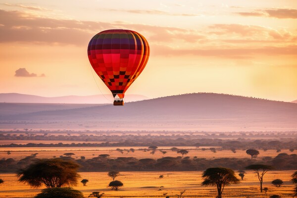 Hot air balloons over the African savannah. Picture Board by Michael Piepgras