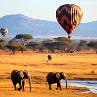 Buy canvas prints of Hot air balloons over the African savannah. by Michael Piepgras