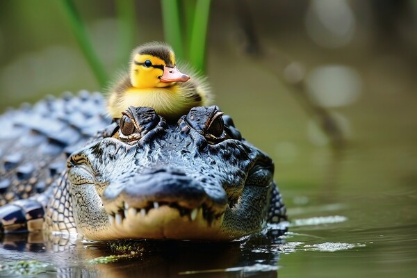 A crocodile is protecting a little duck. Picture Board by Michael Piepgras
