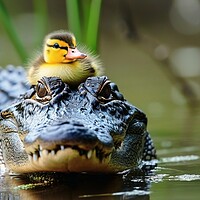 Buy canvas prints of A crocodile is protecting a little duck. by Michael Piepgras