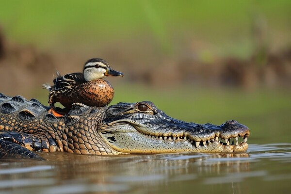 A crocodile is protecting a little duck. Picture Board by Michael Piepgras