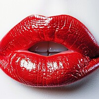 Buy canvas prints of A red lipstick kissing mouth isolated on a white background. by Michael Piepgras
