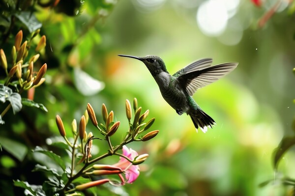 A hummingbird in flight looking for nectar in the jungle. Picture Board by Michael Piepgras