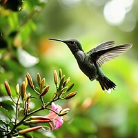 Buy canvas prints of A hummingbird in flight looking for nectar in the jungle. by Michael Piepgras