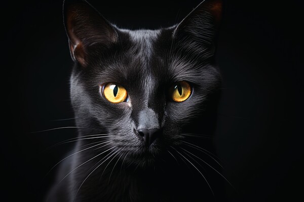 A close up of a black cat on a dark background. Picture Board by Michael Piepgras