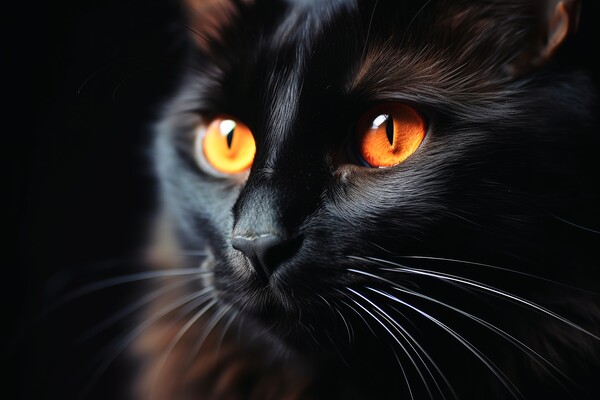 A close up of a black cat on a dark background. Picture Board by Michael Piepgras