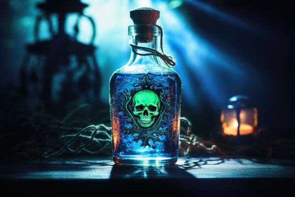 A bottle with a liquid and a poison symbol on it. Picture Board by Michael Piepgras