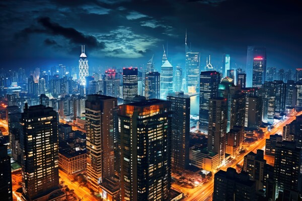 A bustling cityscape at night representing urban energy and nigh Picture Board by Michael Piepgras