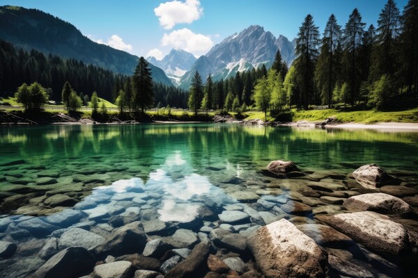 A crystal clear mountain lake in a beautiful mountain landscape. Picture Board by Michael Piepgras