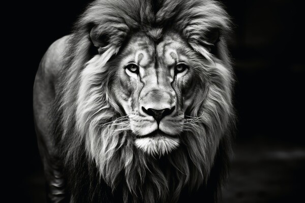 A male lion on a dark background in black and white. Picture Board by Michael Piepgras