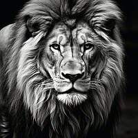 Buy canvas prints of A male lion on a dark background in black and white. by Michael Piepgras