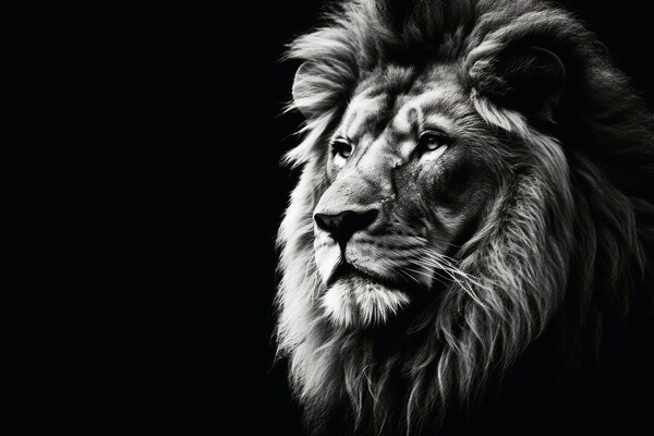 A male lion on a dark background in black and white. Picture Board by Michael Piepgras