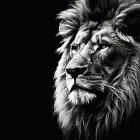 Buy canvas prints of A male lion on a dark background in black and white. by Michael Piepgras