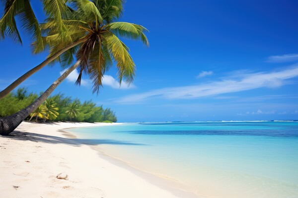 A peaceful beach with palm trees and clear blue waters evoking r Picture Board by Michael Piepgras