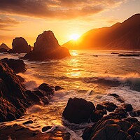Buy canvas prints of A perfect sunset at the ocean with cliffs. by Michael Piepgras